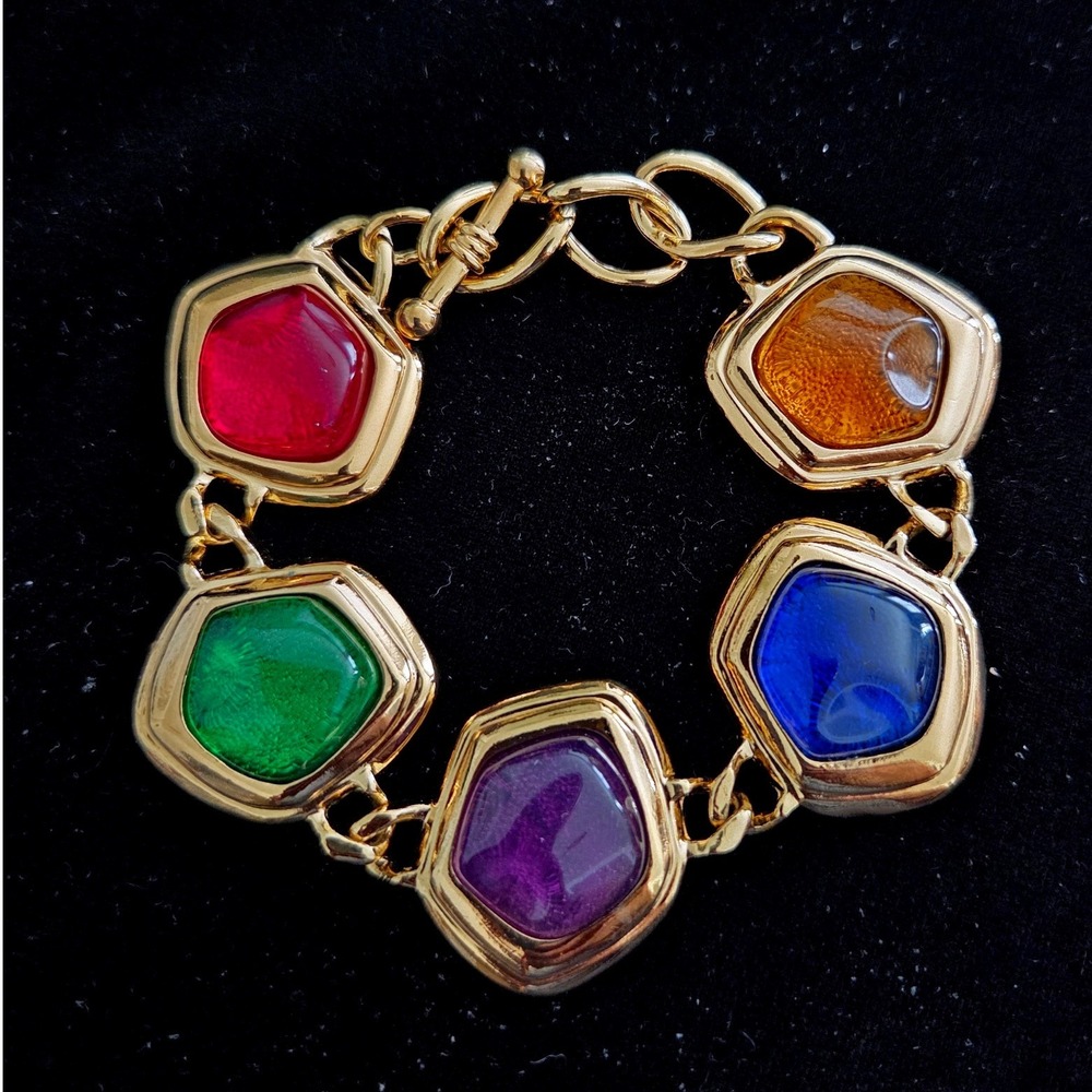 VTG Avon Grand Impressions Collection Toggle Bracelet Color Glass Gold Tone NIB